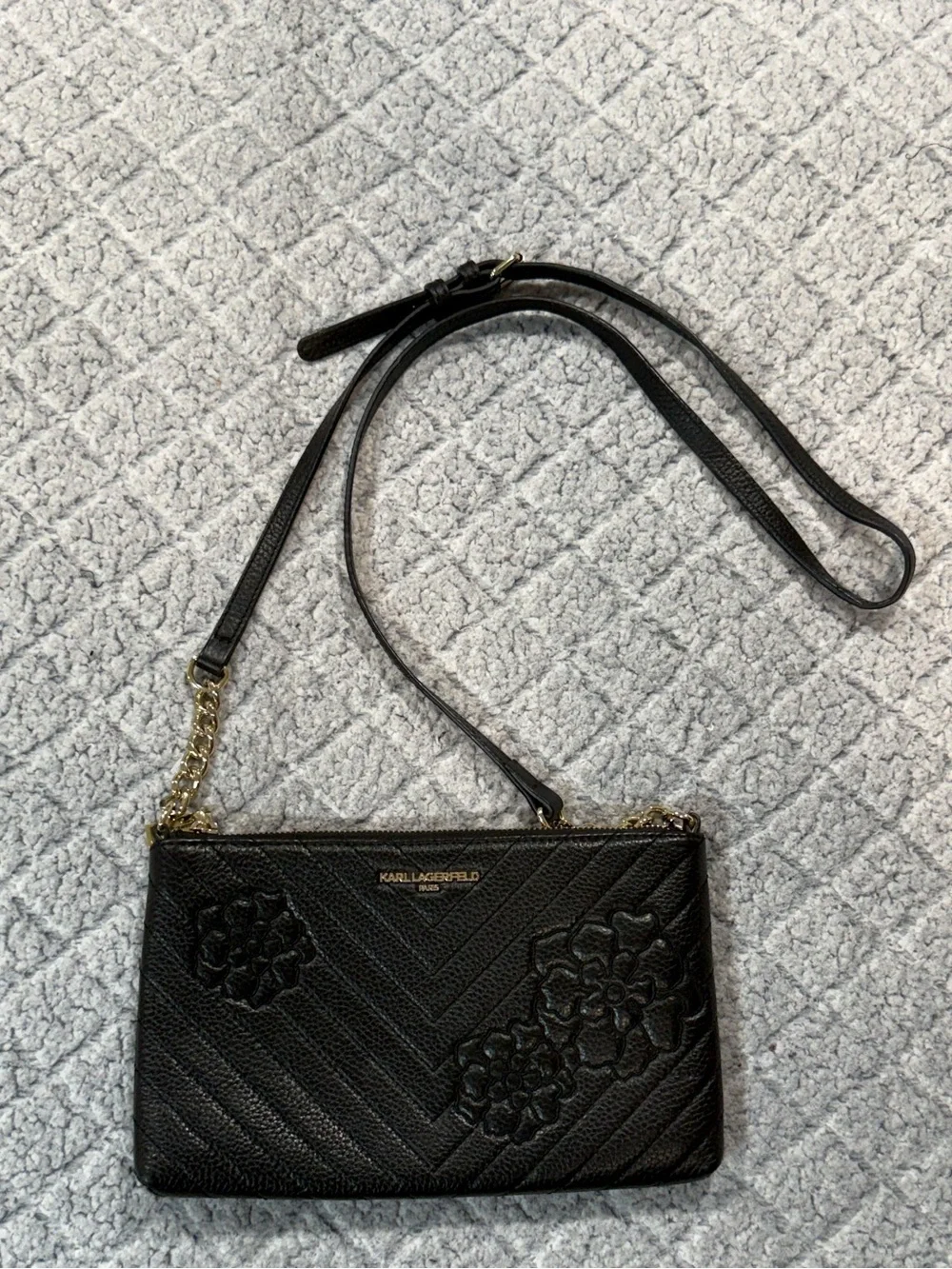 Karl Lagerfeld Black Quilted Floral Crossbody Pouch with Gold Chain